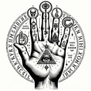Mystical Hand Illustration with Key, Skull, Eye, Star, and Snake