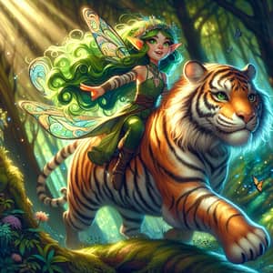 Elf Girl with Green Hair Riding a Tiger | Enchanting Forest Scene