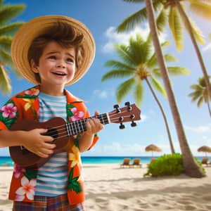 Young Boy in Hawaiian Outfit Playing Ukulele on Sandy Beach