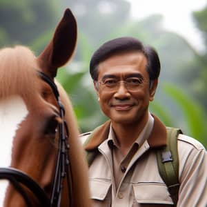 Middle-Aged Indonesian Politician Riding Horse - Safari Suit & Glasses