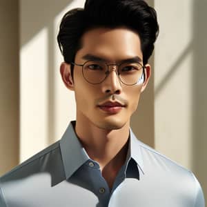 Modern East Asian Man in Stylish Shirt & Glasses