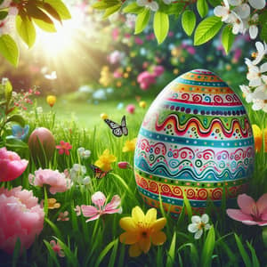 Joyful Easter Celebration with Vibrant Egg & Spring Flowers