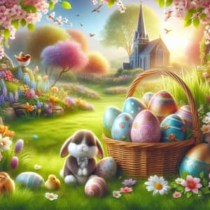 Enchanting Easter Scene with Vibrant Eggs and Plush Bunny
