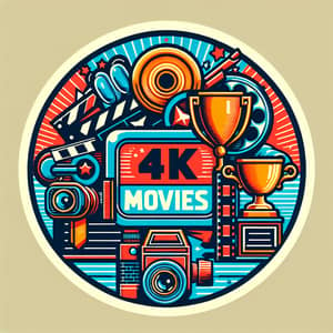 4K Movies Logo Design: Retro Billboard with Camera, Trophy and Clapper Board