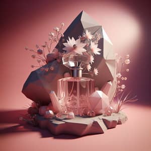 Cubist 3D Rendering of Perfume Bottle with Flowers on Rock
