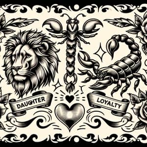 Family Theme Tattoo Design with Lion and Scorpion