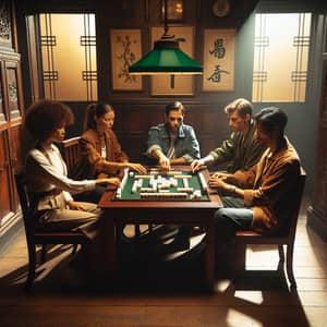 Diverse group playing Mahjong in atmospheric room