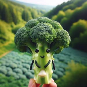 Cute Broccoli Character in Vibrant Green Landscape