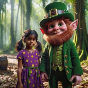 Enchanting Encounter in a Lush Forest - Leprechaun and South Asian Girl