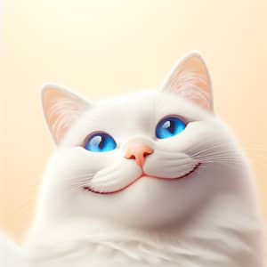 White Cat with Blue Eyes Smiling on Light Orange Background