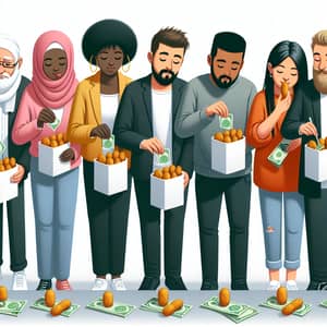 Unity and Sharing: Diverse Group Sharing Croquettes and Donating Money