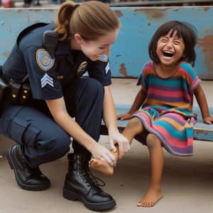 Joyful Interaction: Officer Tickling Girl's Feet | Police Community Bond