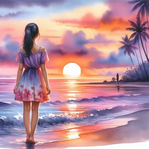 Watercolor Painting of Asian Girl at Sunset | Serene Beach Scene