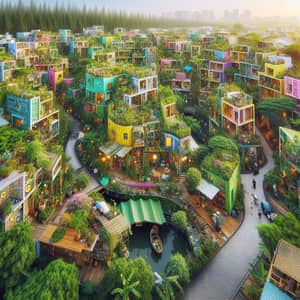 Vibrant Eco-Friendly Community Amid Lush Foliage and Colorful Homes
