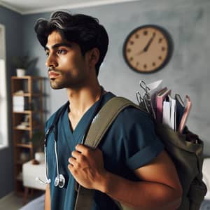 South Asian Nursing Student in Scrubs in Bedroom