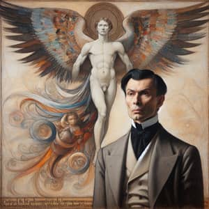 Intriguing Portrait of Gentle and Empathetic Man with Colorful Angel Wings