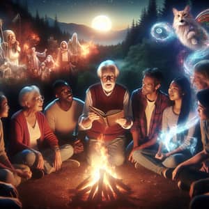 Enchanting Storytelling by Diverse Group Around Fire | Mystical Tales