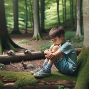 Solitary Caucasian Boy in Quiet Forest Clearing