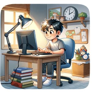 Young East Asian Boy Computer Cartoon | Daily Routine Scene