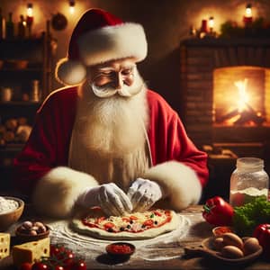 Caucasian Father Christmas Making Pizza in Rustic Kitchen