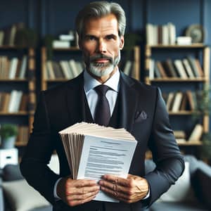 Experienced Caucasian Man with Impressive Resume in Smart Suit