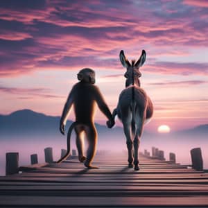 Monkey and Donkey Friendship Walking on Wooden Bridge at Sunset