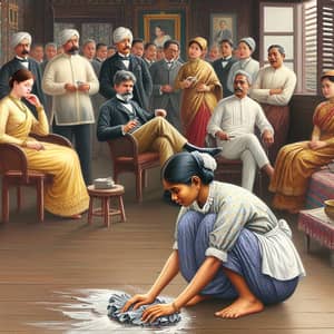 19th Century Philippines: Working Class Woman Cleaning Floor Observed by High Society Group