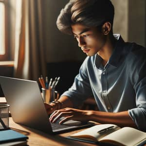 Determined South Asian Male Student Studying with Laptop at Wooden Desk