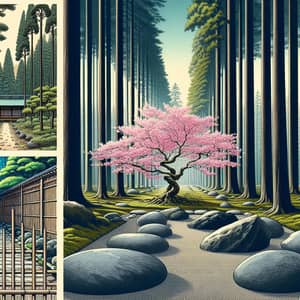 Tranquil Japanese Coniferous Forest with Sakura Tree