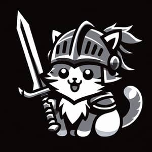Cat with Helmet and Sword: Grey and White Color Scheme