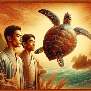 Spiritual Scene: Two Men and a Sea Turtle Embrace Tranquility