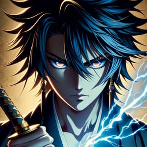 Anime Style Asian Male Character with Dark Blue Hair and Lightning Blade