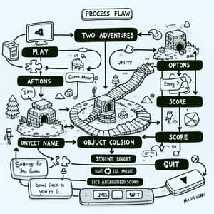 Game Development Process Flow Diagram | Unity Hub, Main Menu, Adventures