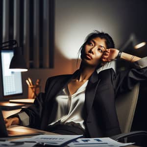 South Asian Businesswoman Exhausted from Long Day in Well-Lit Office