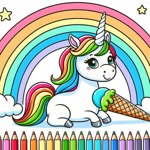 Playful White Unicorn with Ice Cream Horn | Rainbow Colors