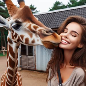 Giraffe Kisses Brunette Woman - Heartwarming Moment