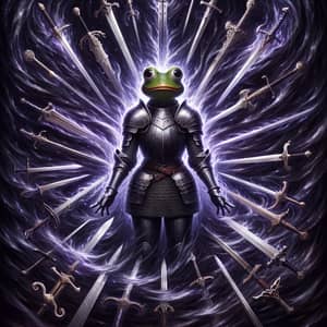 Female Pepe Frog Knight in Dark Energy with Flying Swords