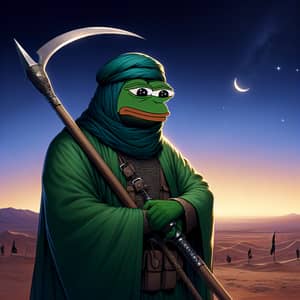 Pepe Frog Hashashin with Glaive in Desert at Dusk