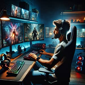 Intense Middle-Eastern Gamer in High-Tech Gaming Setup