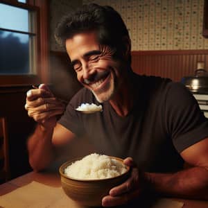 Middle-Aged Hispanic Man Savoring Steamed Rice | Kitchen Joy