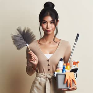 South Asian Female Housemaid with Cleaning Tools