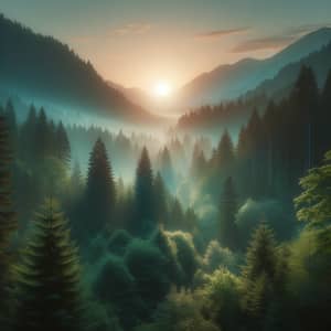 Serene Sunrise in Mountainous Forest - Nature Photography