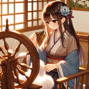 East Asian Girl Spinning Wool on Antique Wheel