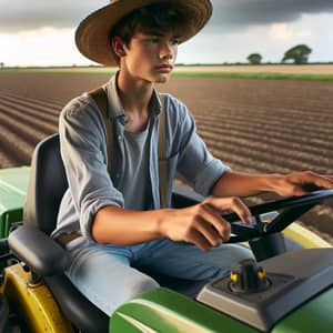 South Asian Boy Driving Agriculture Tractor in Field