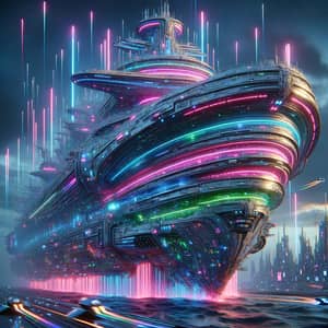Futuristic Cyberpunk Cruise Ship - Neon Lights & Virtual Cityscape
