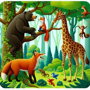 Enchanting Forest Encounter with Bear, Fox, Giraffe, Monkey, and Squirrel