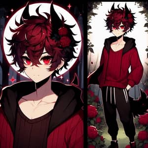 Anime-Style Male Character with Fluffy Dark Red Hair in a Dark Forest