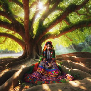 Tranquil Kumari in Traditional Dress Under Sunlit Tree