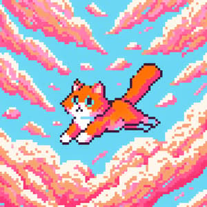 Orange Cat Flying in Cotton Candy Sky | Pixel Art Illustration