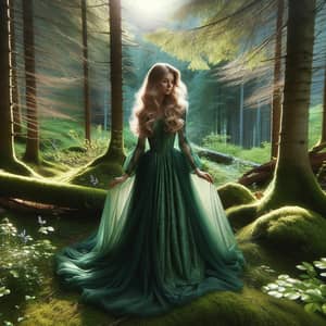 Enchanting Scene of a Beautiful Lady in Emerald Green Dress in Serene Forest